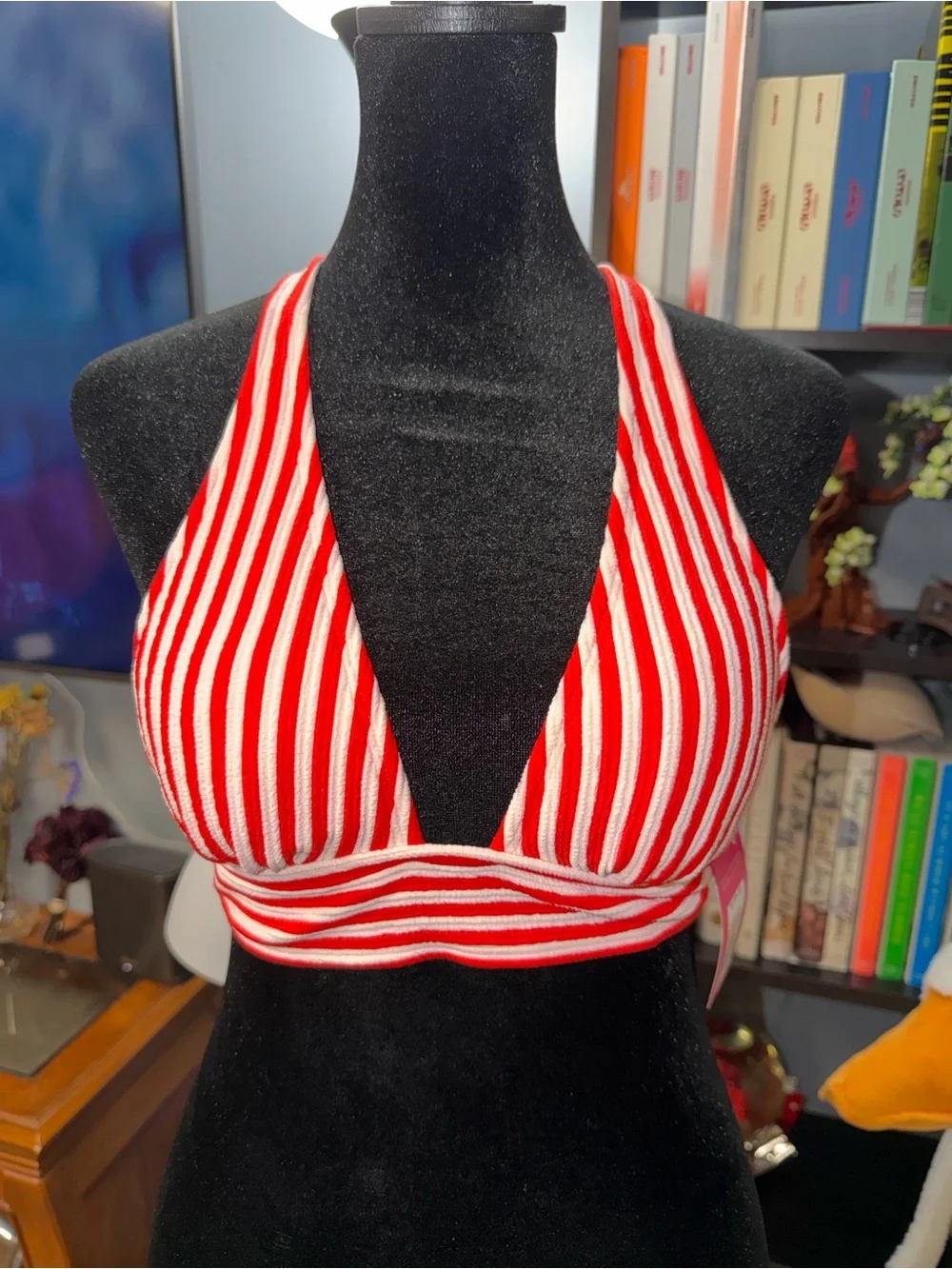 Xhilaration Red and White Striped Halter Swim Top